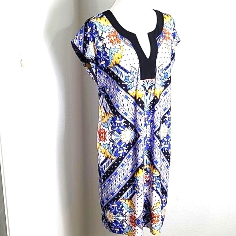 Laundry by Shelli Segal Blue & Yellow Floral Dress with Black Trim, Size Medium - Picture 3 of 9